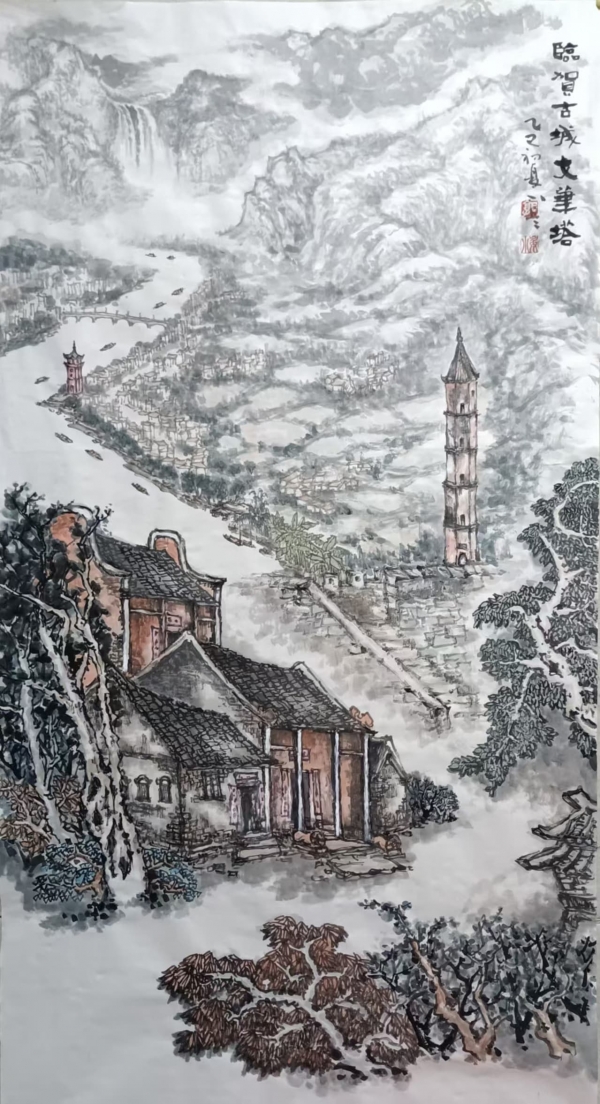 郭小兵《临贺古城文笔塔》中国画.jpg